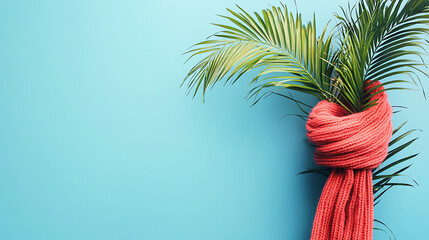 Palm Fronds Tied With Vibrant Coral Scarf Against Teal Wall  