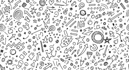 Hand-drawn illustrations featuring fun abstract shapes, random lines, stars, dots, arrows, zigzag lines, and childish sketches.