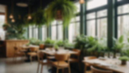 Fototapeta premium Blurred background of contemporary vegan restaurant interior filled with green plants and natural textures, set in a bright indoor dining space during daytime. Soft daylight lighting fills the room.