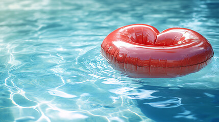 Red Inflatable Lips Floating In Clear Blue Pool Water  