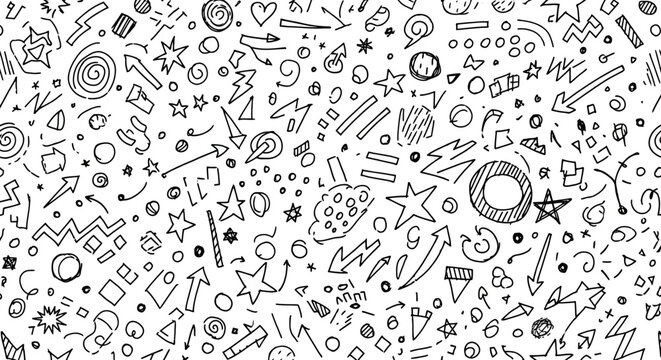 Hand-drawn illustrations featuring fun abstract shapes, random lines, stars, dots, arrows, zigzag lines, and childish sketches.