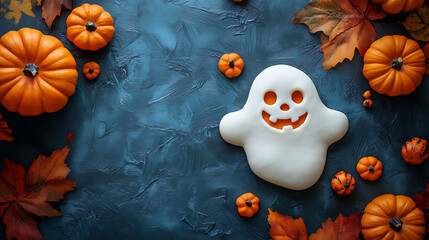 Spooky Halloween Ghost With Pumpkins On Dark Textured Background  