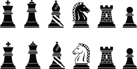 Chess pieces vector icons set featuring king queen bishop knight rook pawn silhouettes for strategy board game illustration design © Rabbi creatives