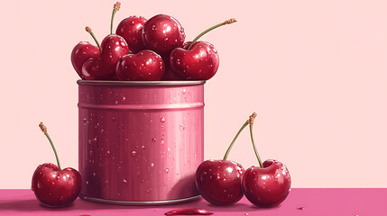 Vibrant Red Cherries Overflowing From A Pink Tin Can  