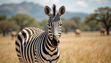 Close-up of a curious zebra standing in a grassy field with trees and mountains in the background
