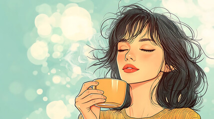 Young Woman Enjoying A Warm Cup Of Coffee With Eyes Closed  