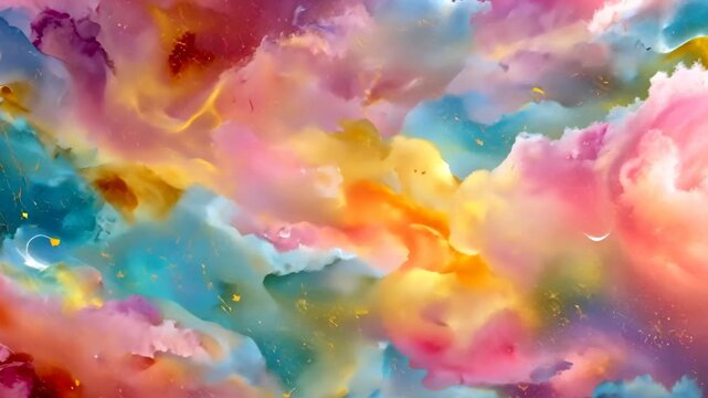 Abstract artwork of swirling colors and textures resembling clouds, with a serene crescent moon