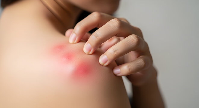 Person scratching red irritated skin on back, close-up shot of discomfort and itchy skin condition.