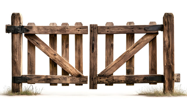 Wooden farm fence picket gate on white background