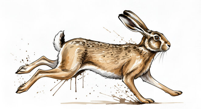 Dynamic watercolor illustration of a swift hare in full sprint, showcasing its agility and speed with splattered paint effect.