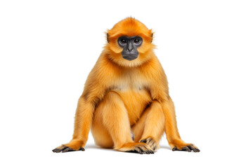 Obraz premium A golden-orange gibbon with a black face sitting on a white background looking directly at the camera