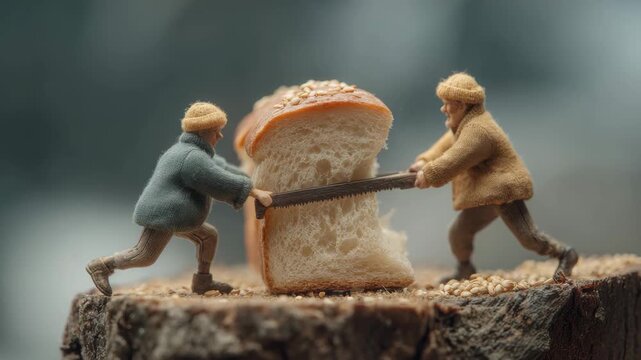 Tiny people pulling loaf of bread