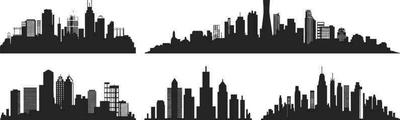 Multiple city skyline silhouettes with diverse architectural styles and building heights Keywords: city, skyline, silhouette