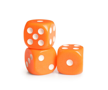 Orange game dices on white background