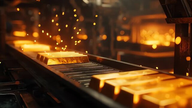 Molten gold bars being processed on a conveyor belt in a dimly lit industrial setting with sparks flying.