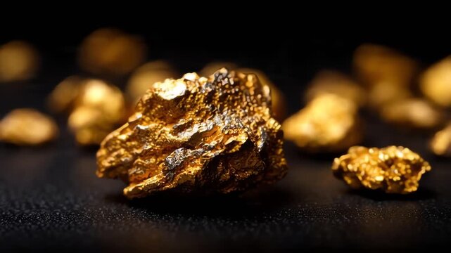 Close-up of a large, textured gold nugget with smaller nuggets in the blurred background on a dark surface.