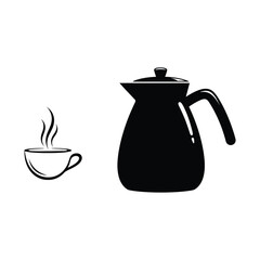 Obraz premium Black and white coffee pot and steaming cup icon illustration, simple minimalist design for cafe, breakfast, or beverage concepts
