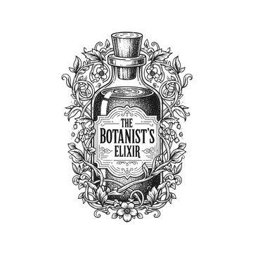 Detailed Illustration of the Botanists Elixir Bottle and Botanical Frame