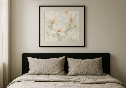 Elegant Bedroom With Floral Artwork Frame Mockup PSD