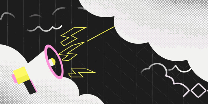 A stylized illustration featuring a megaphone with lightning bolts and abstract shapes