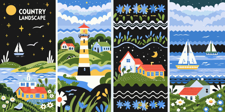 Stylized country landscape featuring coastal scenes and nautical elements