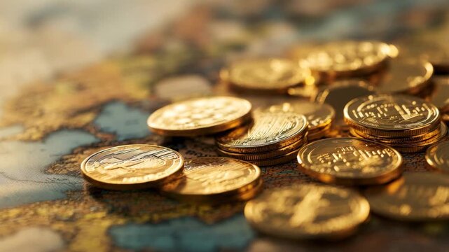Gold coins scattered over world map  