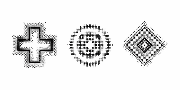 Three geometric southwestern designs in black and white resembling tribal symbols
