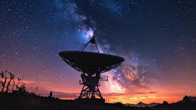 Silhouette of a large satellite dish against a vibrant, star-filled night sky.
