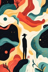 Abstract background with man in hat and hand drawn waves