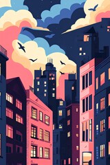 Night cityscape with houses and birds. illustration in flat style