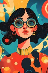 Fashion illustration of a beautiful young woman in glasses on colorful background