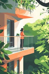 illustration of a young woman standing on balcony and looking at nature