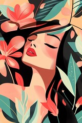Beautiful girl with flowers in her hair. illustration in retro style.