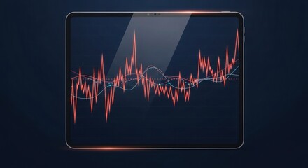 A tablet displaying a red stock market graph on a dark background with a spotlight shining down