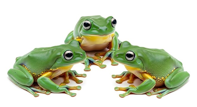 Three Green Frogs Sitting Together Isolated.