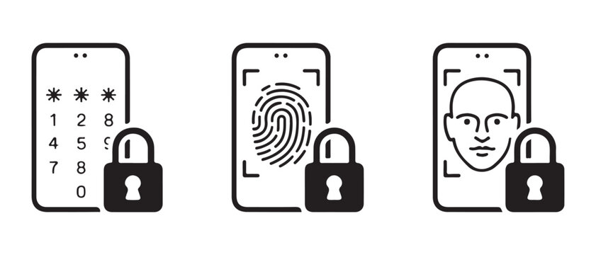 Mobile Phone Security Methods Icons. Password, Fingerprint, and Facial Recognition for Digital Protection.