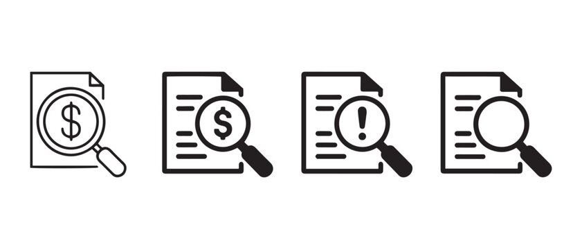 Document Search and Financial Analysis Icons. with Magnifying Glass for Business Audit and Important Data Review.
