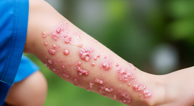 Close up of childs arm covered in red and pink blisters and sores skin rash