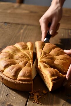 Hand cutting a decorative pie on a wooden table with rustic background