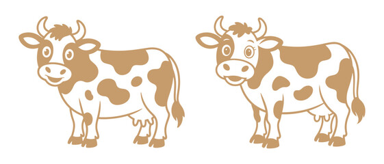Fototapeta premium Cute Cartoon Cows with Brown Spots Illustration, Friendly Farm Animals Standing Together, Simple Vector Art for Children's Content.