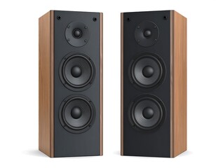 Fototapeta premium Pair of brown wood-trimmed speakers with black fronts on a white surface