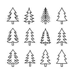 Fototapeta premium Outline pine and Christmas tree line art black vector icon set