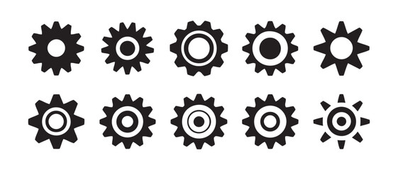 Collection of Black Gear Icons and Cogs Vector Set. on White Background Industrial Settings and Mechanism Symbols.