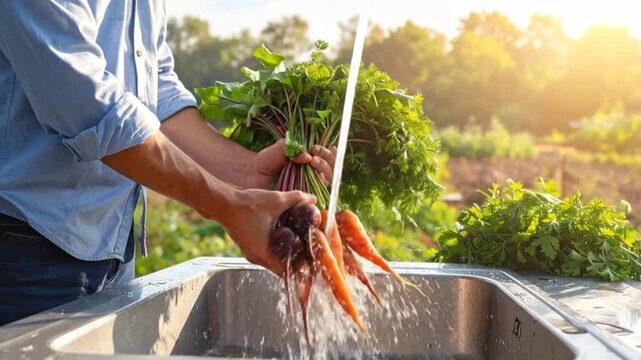 Freshly harvested carrots and beets being washed in a stainless steel sink outdoors.