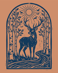Vintage Woodcut Deer Silhouette with Sun, Birch Trees and River
