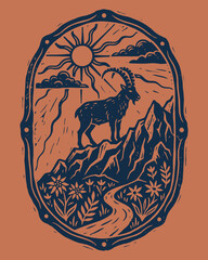 Mountain Goat Woodcut Style Illustration on Mountain Peak