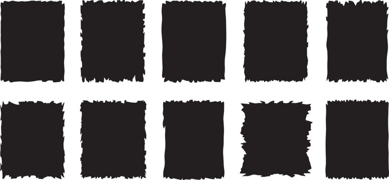 Set of rough torn black paper rectangles on white background for photo frames or textures