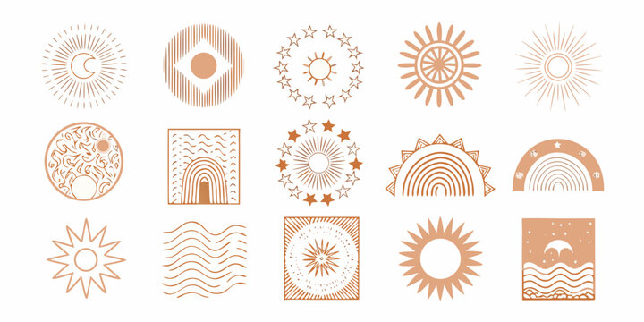 Collection of abstract sun and celestial shapes in warm terracotta tones