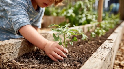 Fototapeta premium Child Gently Pressing Tiny Seedling into Rich Soil in Garden Bed