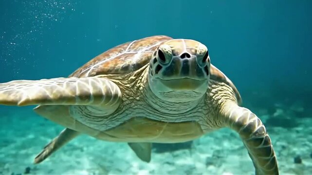 Green Sea Turtle Swimming Gracefully Underwater in Clear Tropical Ocean, Marine Wildlife in 4